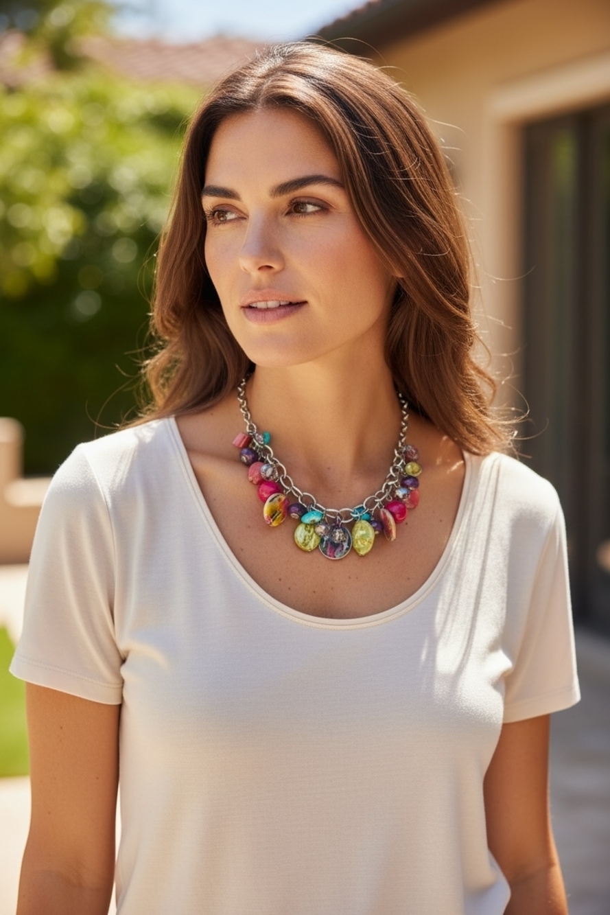 StudioS Rainbow Multi Gemstone Choker Necklace Silver Adjustable 20-23" NWT